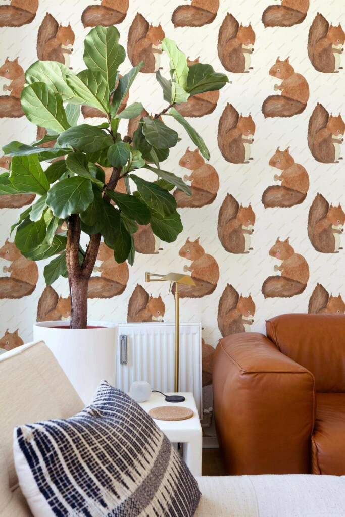 Mid-century style living room decorated with Squirrels and nuts peel and stick wallpaper