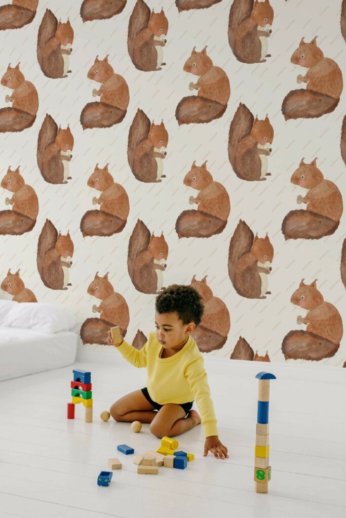 Minimal scandinavian style kids room decorated with Squirrels and nuts peel and stick wallpaper