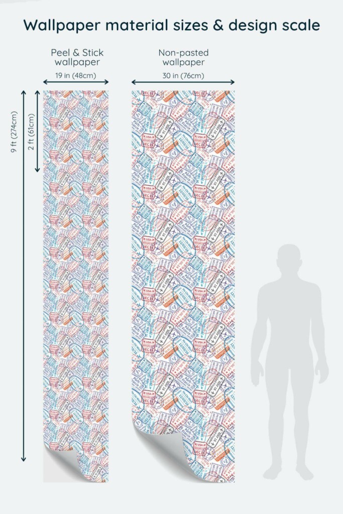 Size comparison of Stamp Peel & Stick and Non-pasted wallpapers with design scale relative to human figure