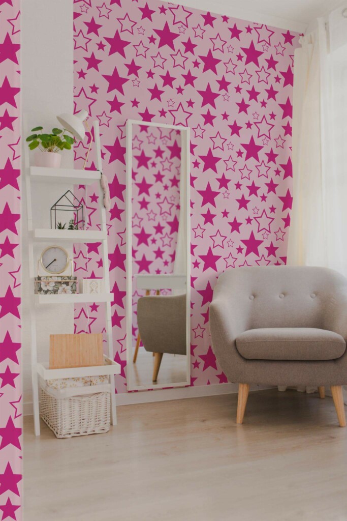 Light boho style living room decorated with Starlit Doll House Inspired peel and stick wallpaper