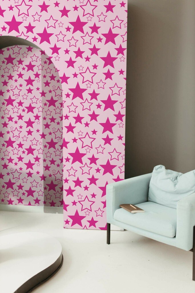 Mondern boho style living room decorated with Starlit Doll House Inspired peel and stick wallpaper