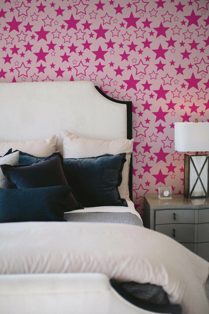 Shabby chic style bedroom decorated with Starlit Doll House Inspired peel and stick wallpaper