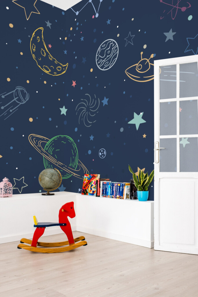 Fancy Walls wall paper mural with illustrated stars, orbits, and cosmic doodles in eclectic fun style