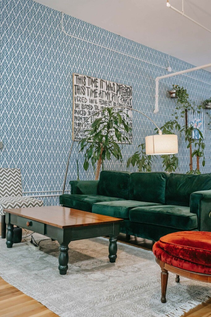 Bold eclectic style living room decorated with Steel blue Art deco peel and stick wallpaper and emerald green sofa