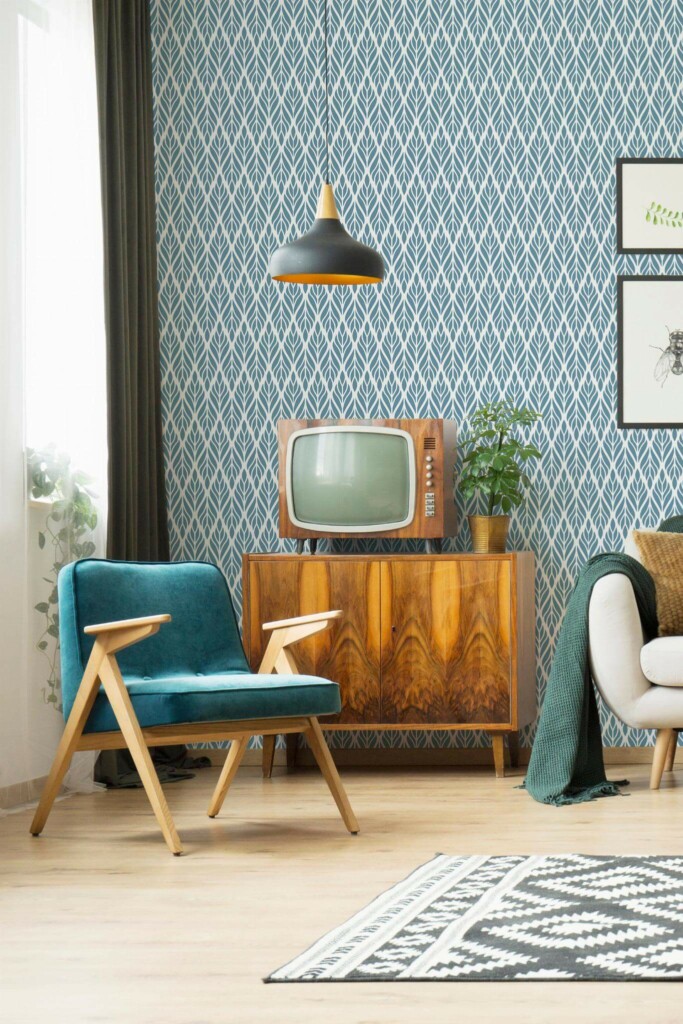 Mid-century modern style living room decorated with Steel blue Art deco peel and stick wallpaper