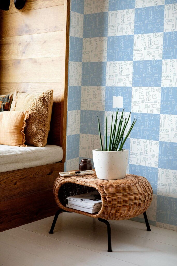 Mid-century modern style bedroom decorated with Stomatology pattern peel and stick wallpaper