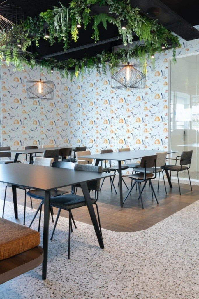 Modern style cafe decorated with Stork nursery peel and stick wallpaper