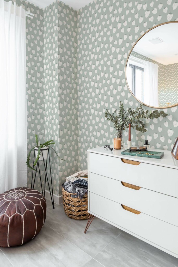 Scandinavian style bedroom decorated with Strawberry peel and stick wallpaper and Mediterranean accents
