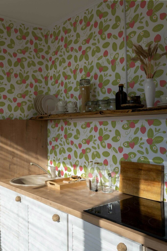 Minimal bohemian style kitchen decorated with Strawberry summer peel and stick wallpaper