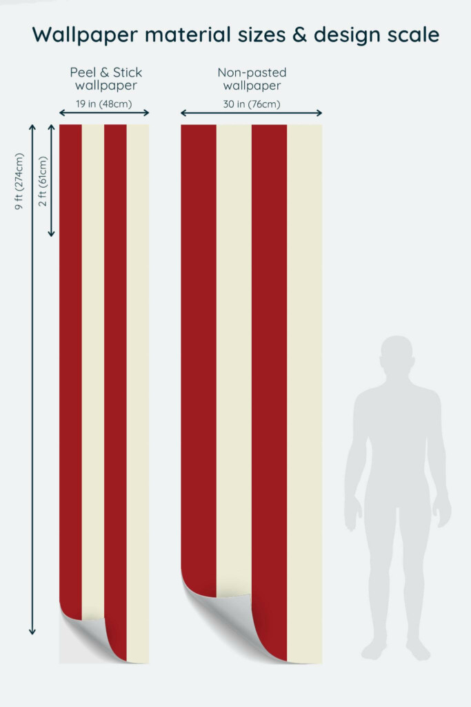 Size comparison of Stripe Harmony Peel & Stick and Non-pasted wallpapers with design scale relative to human figure