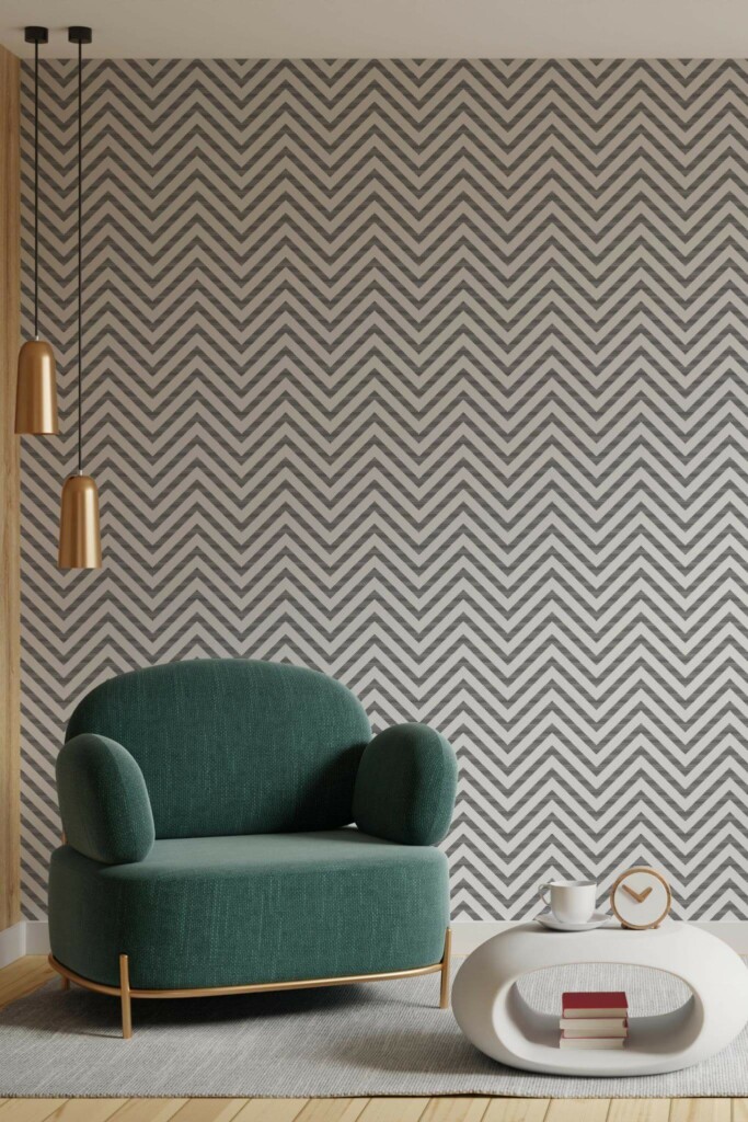 Contemporary style living room decorated with Striped chevron peel and stick wallpaper