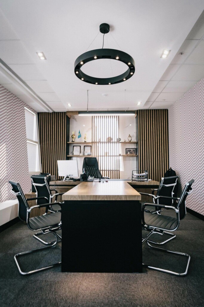 Dark modern style office decorated with Striped Diagonal lines peel and stick wallpaper