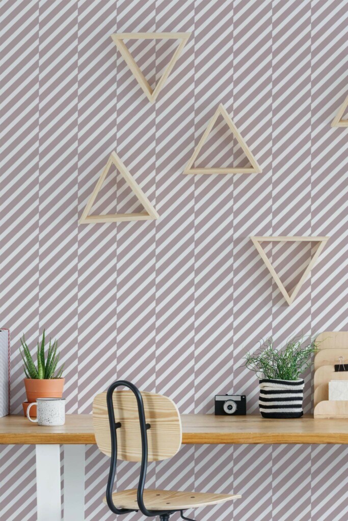 Scandinavian style home office decorated with Striped Diagonal lines peel and stick wallpaper