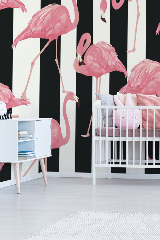 Black and white wallpaper mural showcasing Striped Flamingos from Fancy Walls