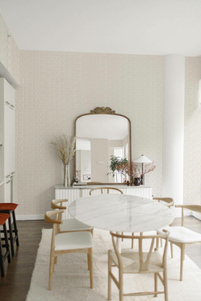 Luxury boho style dining room decorated with Striped honeycomb peel and stick wallpaper