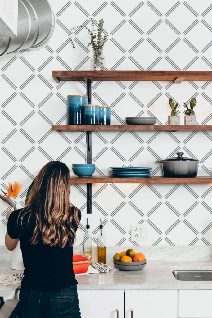 Modern Rustic style kitchen decorated with Striped line Tile peel and stick wallpaper