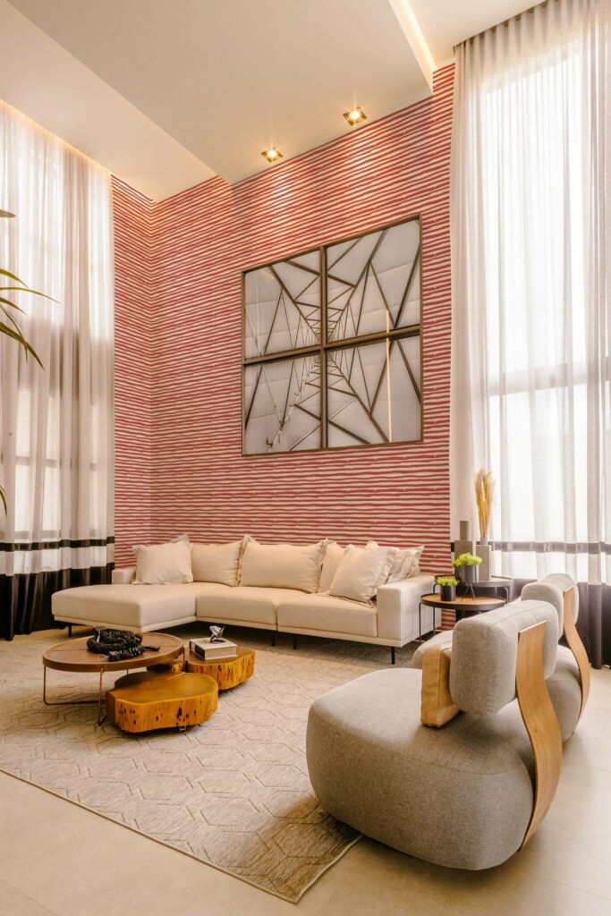 Contemporary style living room decorated with Striped peel and stick wallpaper