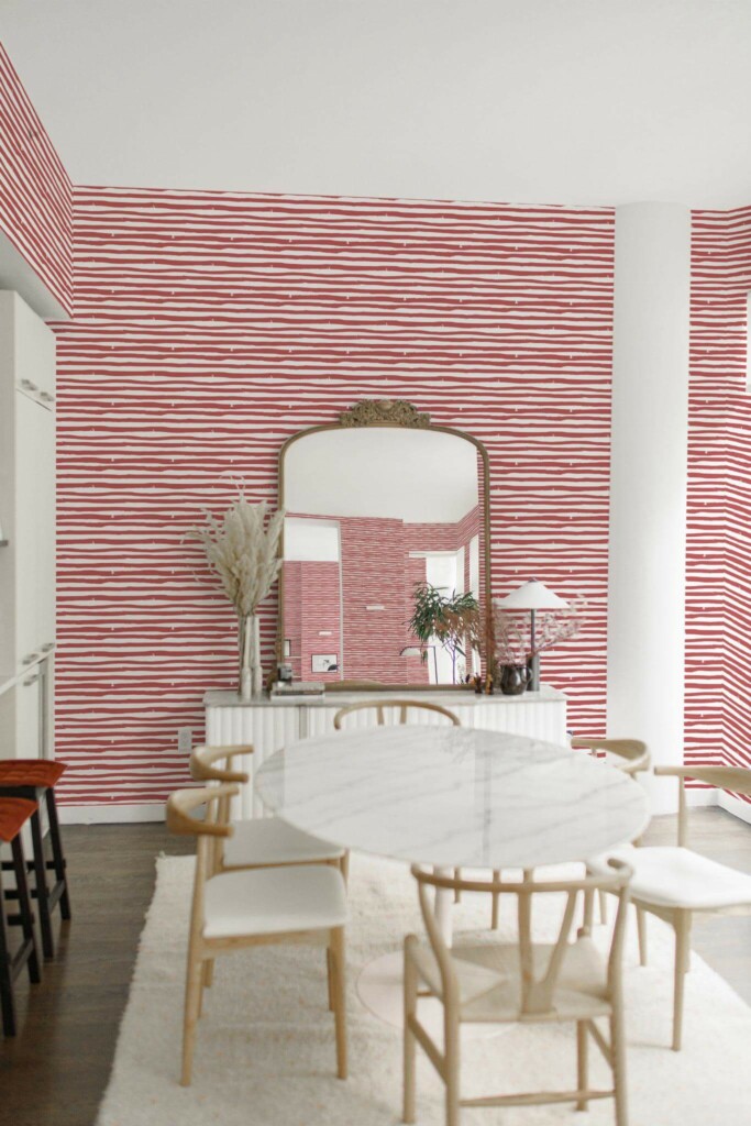 Luxury boho style dining room decorated with Striped peel and stick wallpaper