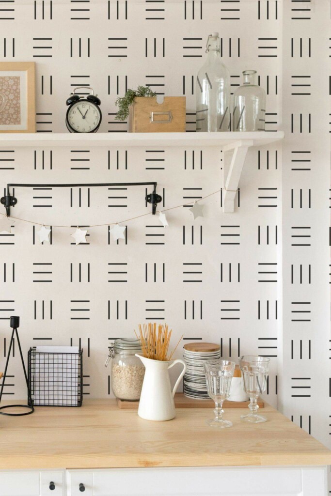 Light farmhouse style kitchen decorated with Striped square peel and stick wallpaper