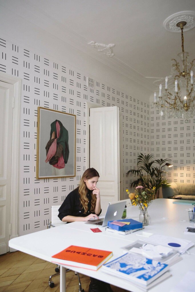 Modern eclectic style office decorated with Striped square peel and stick wallpaper