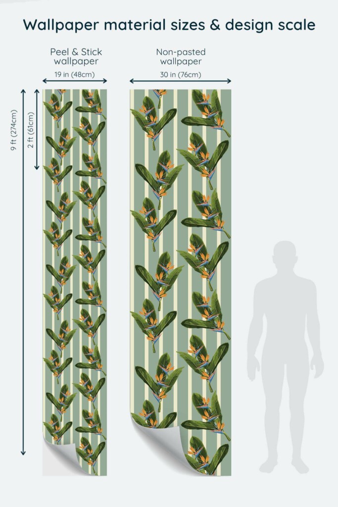 Size comparison of Striped tropical Peel & Stick and Non-pasted wallpapers with design scale relative to human figure