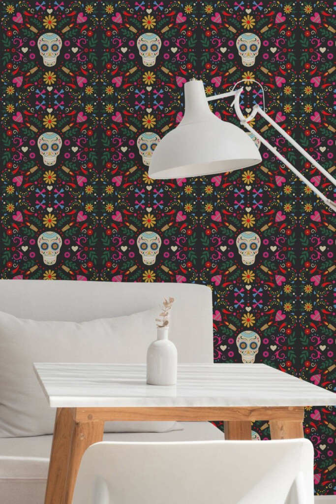 Minimal style dining room decorated with Sugar skull peel and stick wallpaper