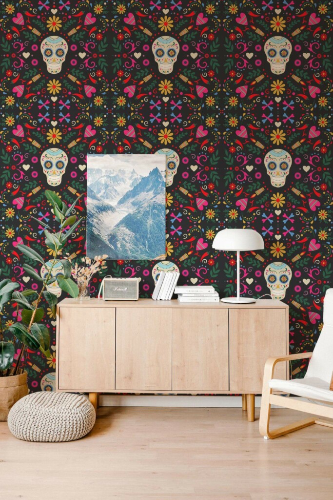 Scandinavian style living room decorated with Sugar skull peel and stick wallpaper