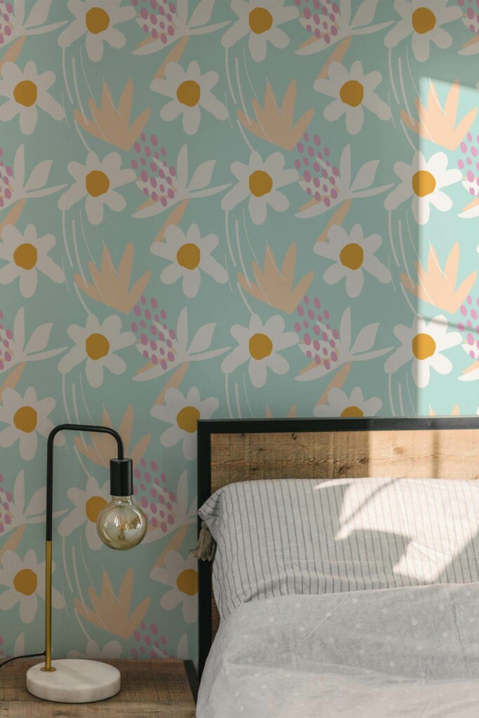 Minimal modern style bedroom decorated with Summer flowers peel and stick wallpaper