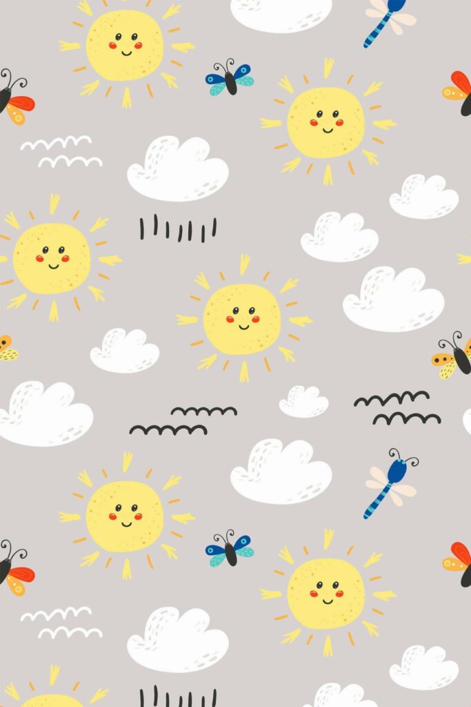 Pattern repeat of Sun and clouds nursery removable wallpaper design