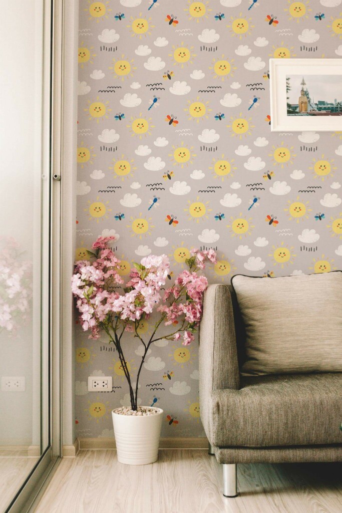 Modern farmhouse style living room decorated with Sun and clouds peel and stick wallpaper