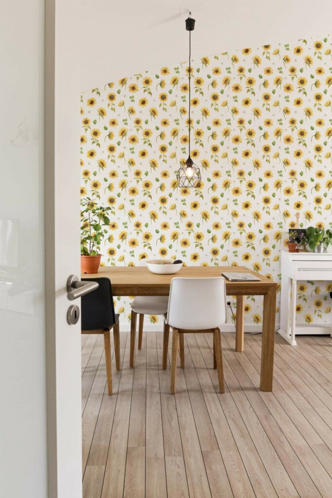Minimal farmhouse style dining room decorated with Sunflower peel and stick wallpaper