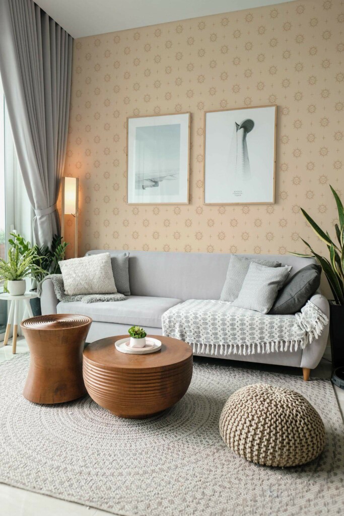 Modern scandinavian style living room decorated with Sunny boho peel and stick wallpaper and green plants