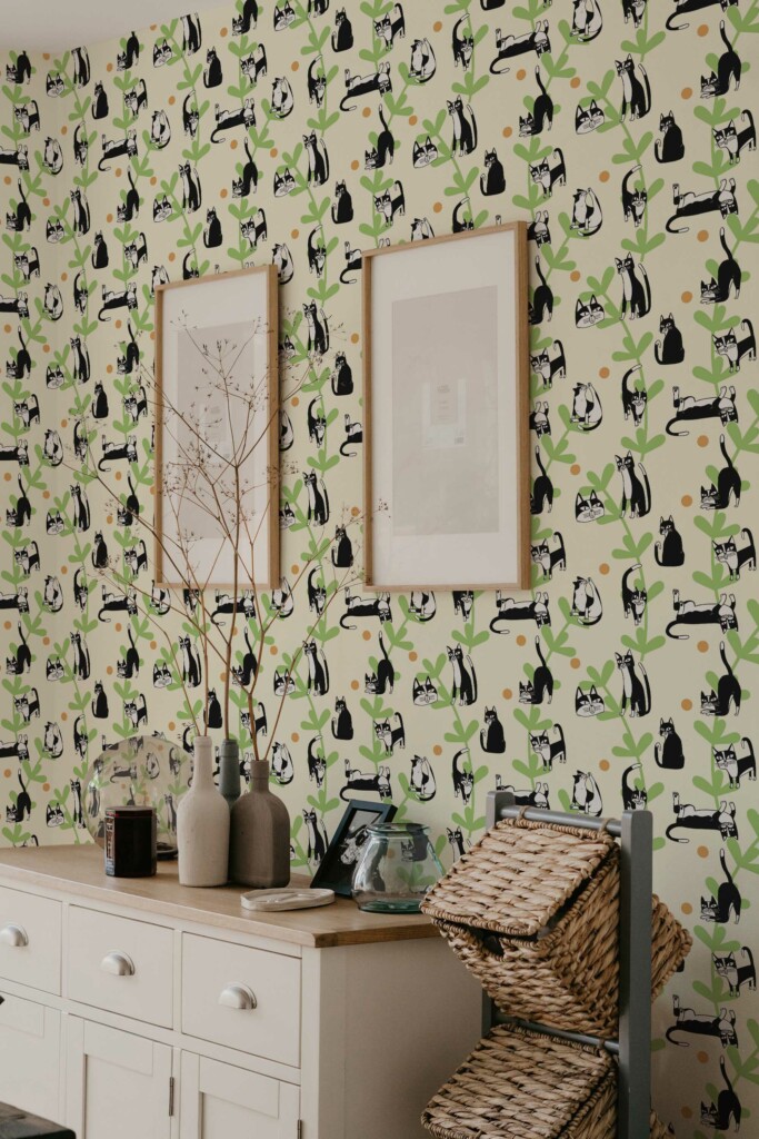 Traditional Wallpaper, Yellow Cats in Action by Fancy Walls