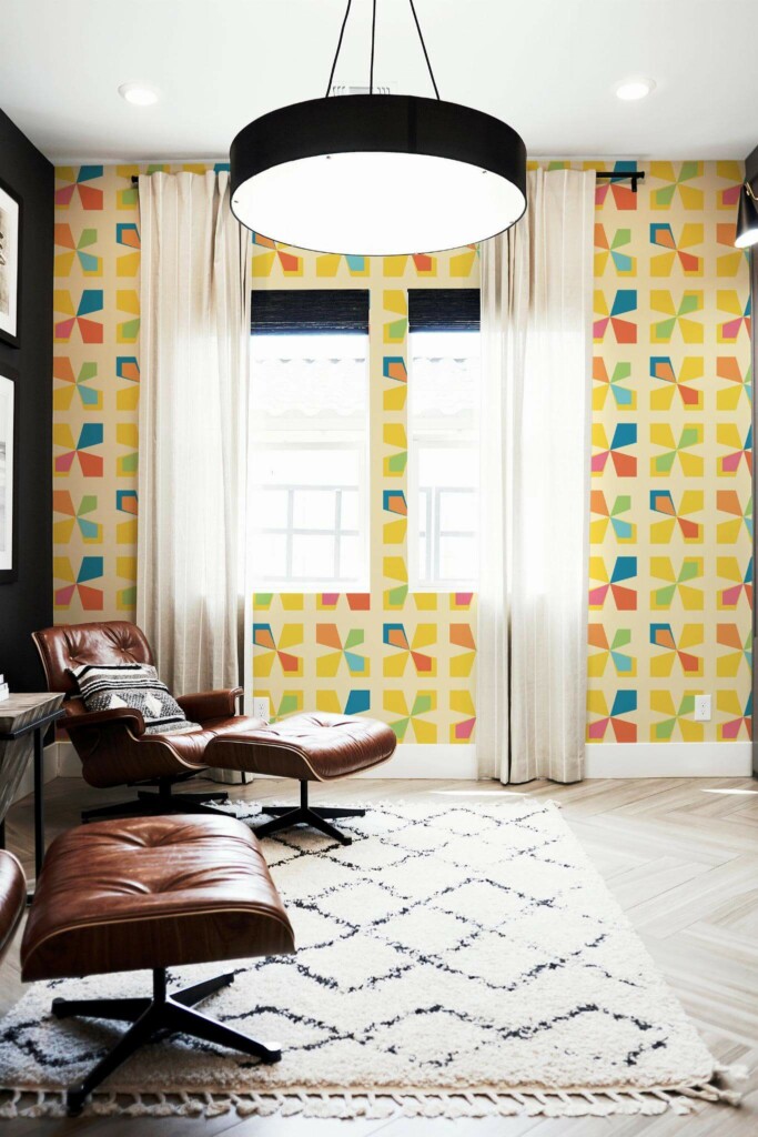 MId-century modern style living room decorated with Sunny geometry peel and stick wallpaper