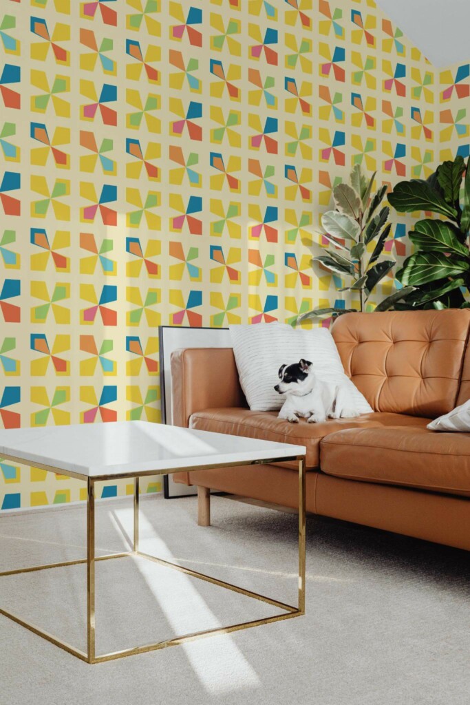 Mid-century modern style living room with dog on a sofa decorated with Sunny geometry peel and stick wallpaper