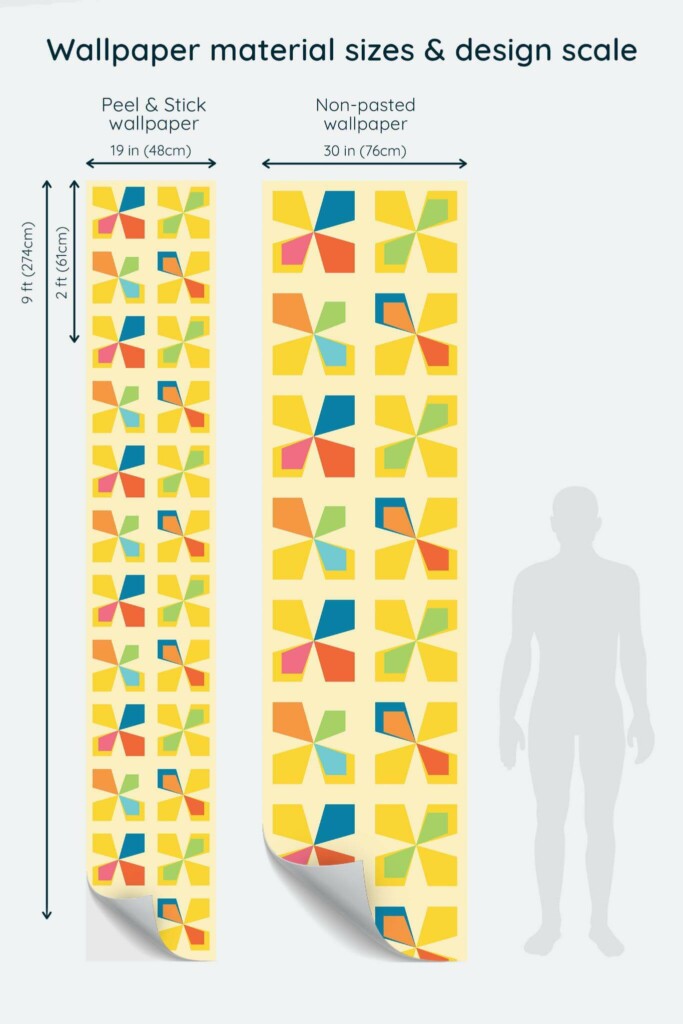 Size comparison of Sunny geometry Peel & Stick and Non-pasted wallpapers with design scale relative to human figure