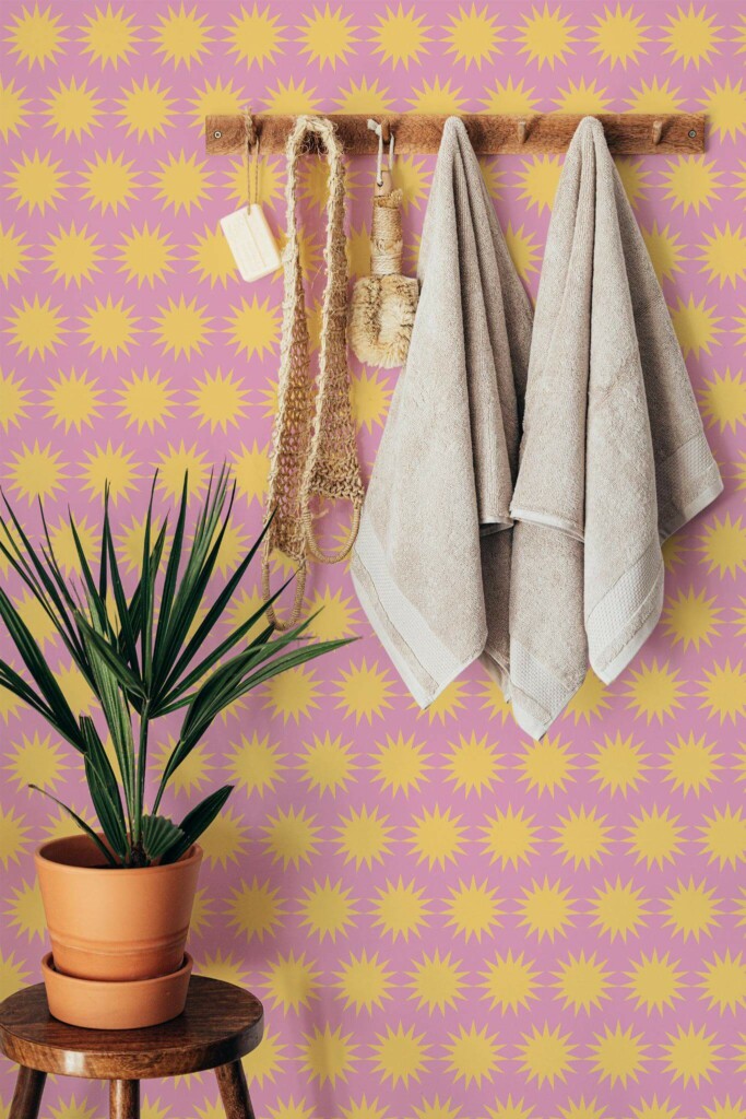 Boho style bathroom decorated with Sunny peel and stick wallpaper
