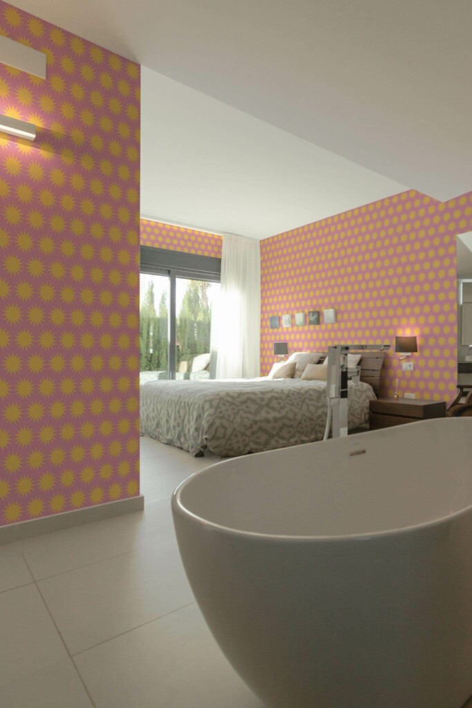 Modern style bedroom with open bathroom decorated with Sunny peel and stick wallpaper