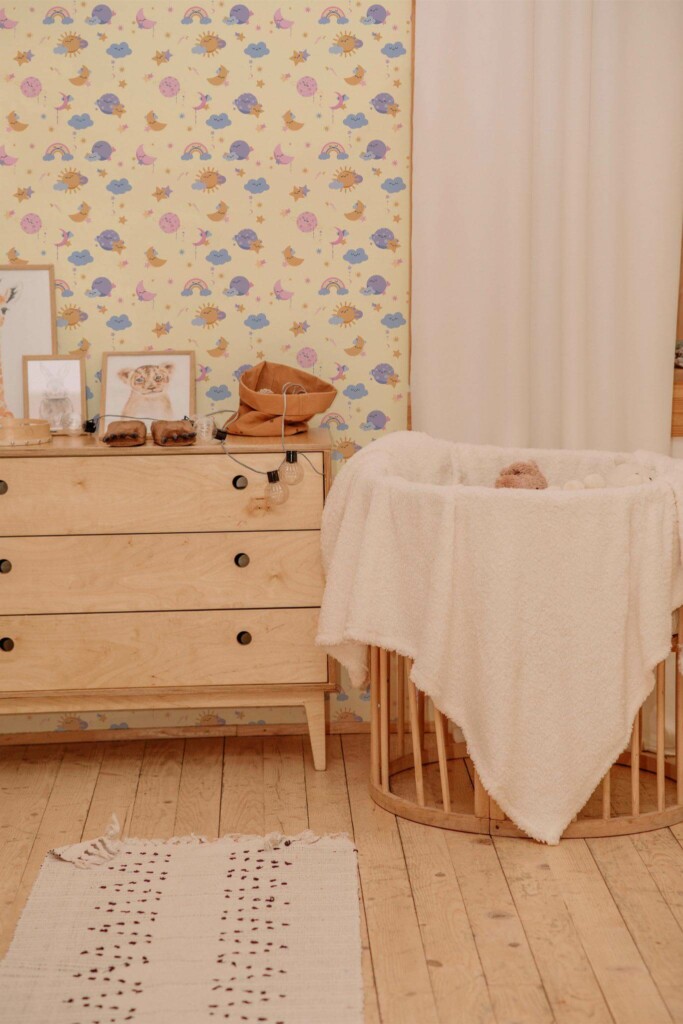 Neutral style nursery decorated with Sunny sky peel and stick wallpaper