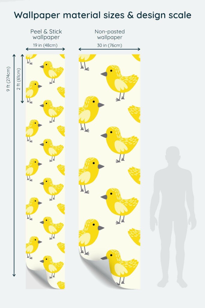 Size comparison of Sunny Tweet Peel & Stick and Non-pasted wallpapers with design scale relative to human figure