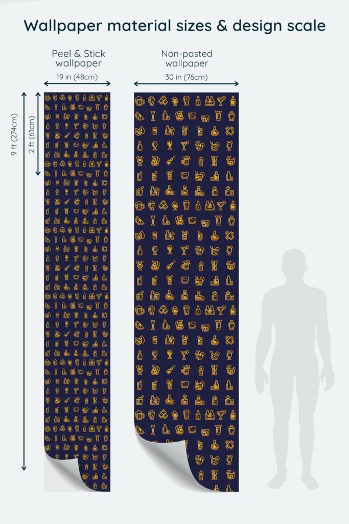 Size comparison of Sunset Blue Bar Charm Peel & Stick and Non-pasted wallpapers with design scale relative to human figure