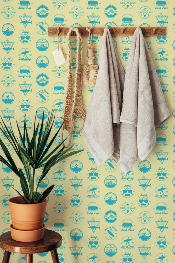Boho style bathroom decorated with Surf pattern peel and stick wallpaper