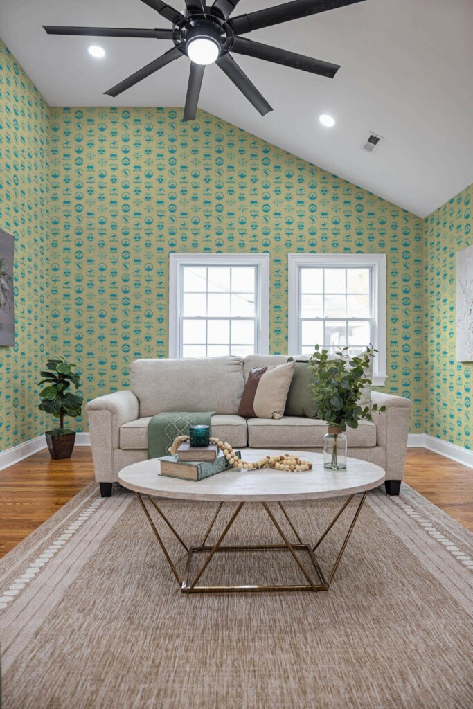Scandinavian style living room decorated with Surf pattern peel and stick wallpaper