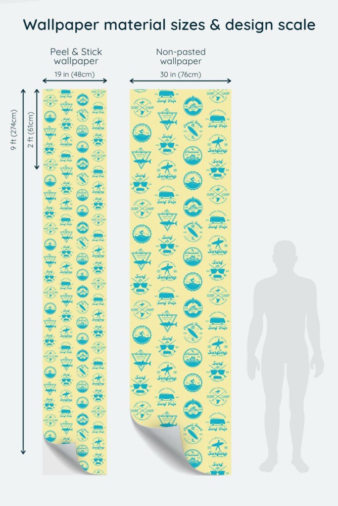 Size comparison of Surf pattern Peel & Stick and Non-pasted wallpapers with design scale relative to human figure