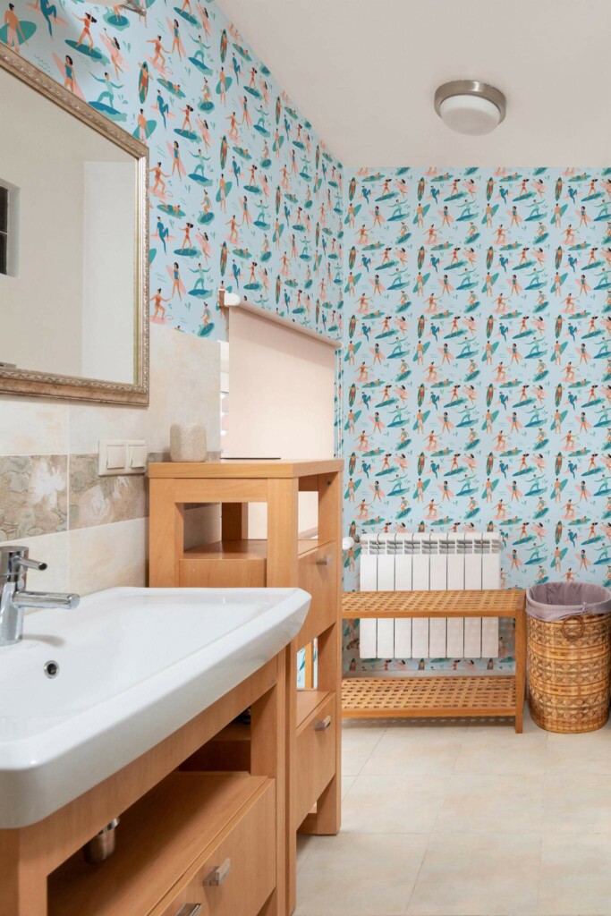 Mid-century modern style bathroom decorated with Surfers peel and stick wallpaper