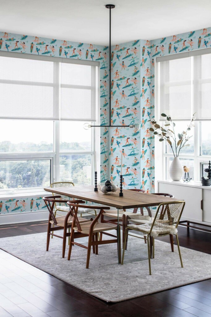 Modern minimalist style dining room decorated with Surfers peel and stick wallpaper