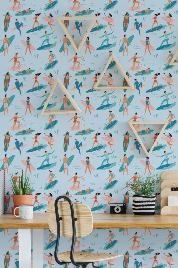 Scandinavian style home office decorated with Surfers peel and stick wallpaper