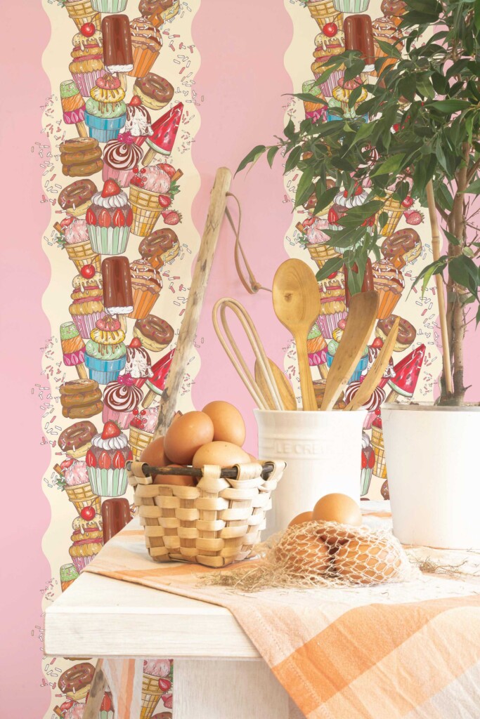 Removable wallpaper showcasing whimsical pink sweets details from Fancy Walls