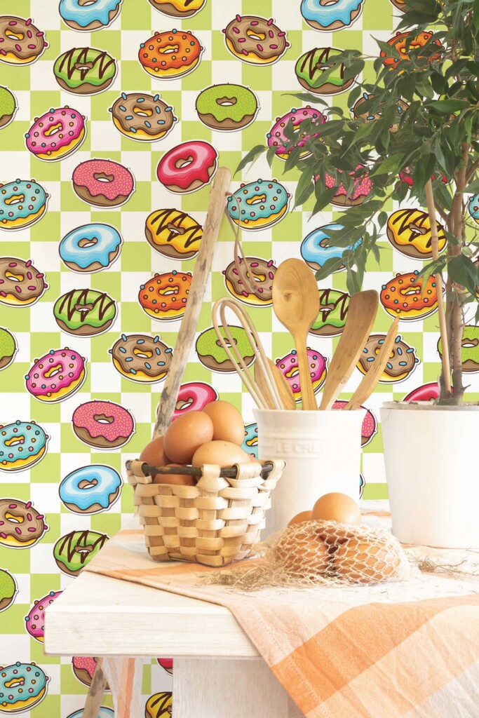 Removable wallpaper showcasing colorful doughnut patterns from Fancy Walls