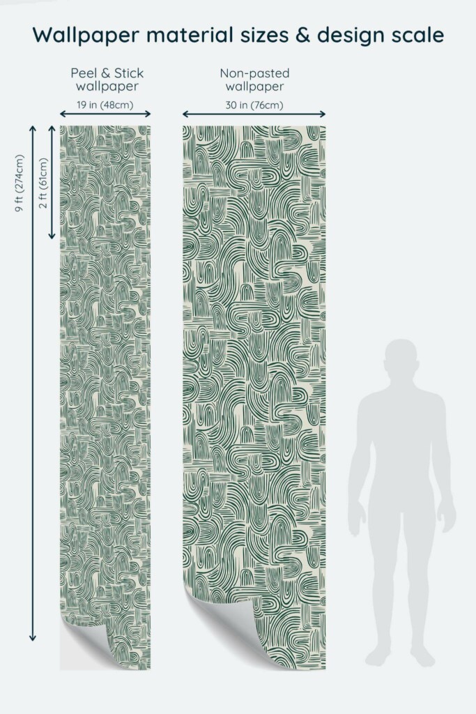 Size comparison of Swell abstract Peel & Stick and Non-pasted wallpapers with design scale relative to human figure